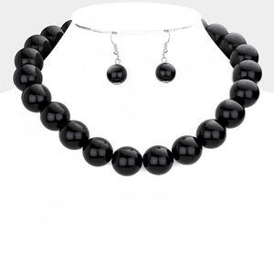 Simple Oversized Black Pearl Necklace Set Jewelry Chunky Round Casual Womens